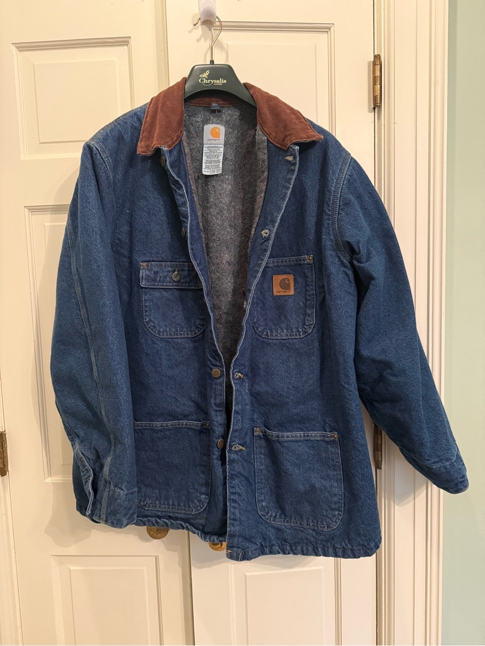 Carhartt Blue Denim Work Jacket with Brown Corduroy Collar